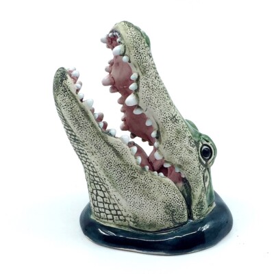 Green Alligator Business Card Place Card Holder Handcrafted Ceramic 3.25''