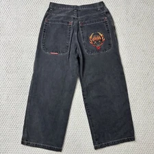 Original JNCO Black Jeans Tribal Skull Flames Rare HTF Y2K Wide 36x32 (34x31)