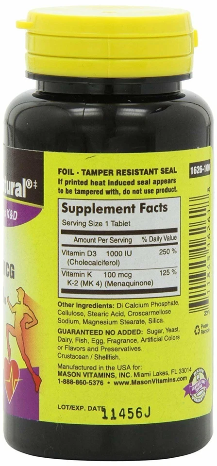 Suplemento Mason Natural Vitamin K2 100mcg Plus Vitamina D3 1000UI Comprimidos 100 Ct - Imagem 2 de 4