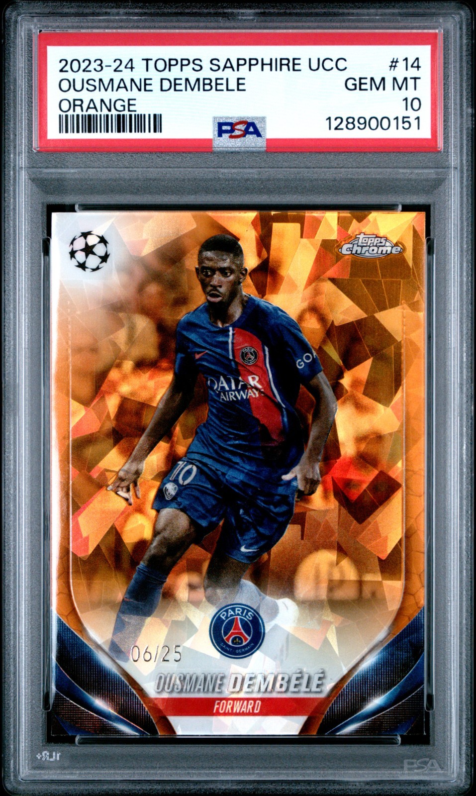 2023-24 TOPPS CHROME SAPPHIRE UEFA UCC #14 OUSMANE DEMBELE PSG ORANGE /25 PSA 10