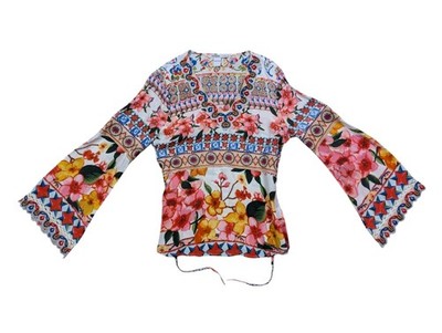 Desigual Boho Floral Bell Sleeve White Embroidered Blouse - Size Large
