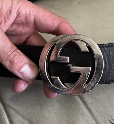 Authentic Gucci Gg Logo Buckle Black Leather Belt Size 95 /38 Made