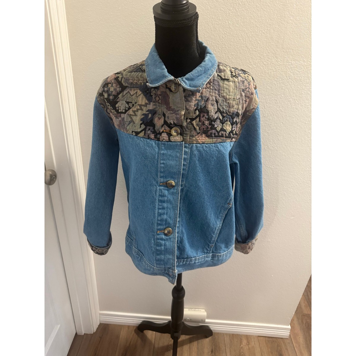 Vintage 90s LL Bean Floral Geometric Pattern Denim Jacket Women