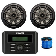 Kicker KMC3 Marine Bluetooth Stereo Receiver, 2x 6.5" 150W Black Speakers, Wire