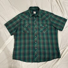 VTG Wrangler Mens XL Green Plaid Short Sleeve Western Pearl Snap Shirt 76204PP