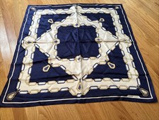 Vtg 32” MUST DE CARTIER WOMEN'S 100% SILK SCARF-ELEGANT BLACK-WHITE-GOLD LOGO-EX