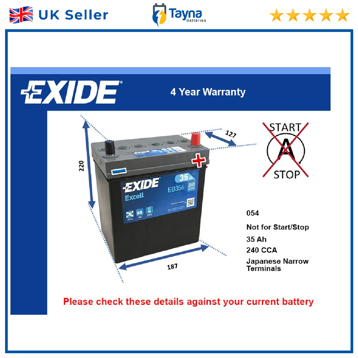 Battery fits HYUNDAI IONIQ AE 16 to 22 Exide 054 240A 35Ah 4Yr Warranty Quality