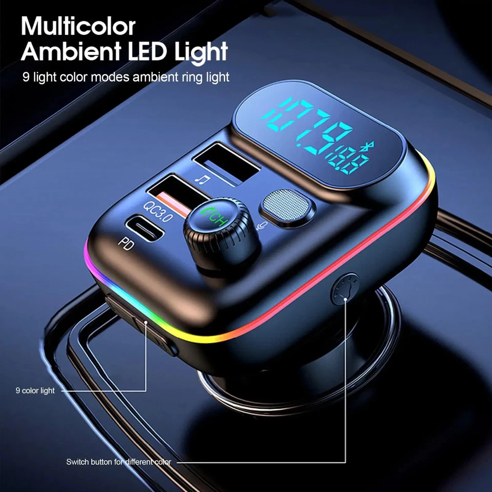 Bluetooth 5.0 FM Transmitter Car Adapter QC3.0 PD RGB USB - Image 2 of 4
