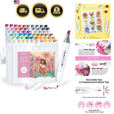 Alcohol Markers: Mini Brush & Slim Broad 60 Illustration Colors Dual Tip Brus...
