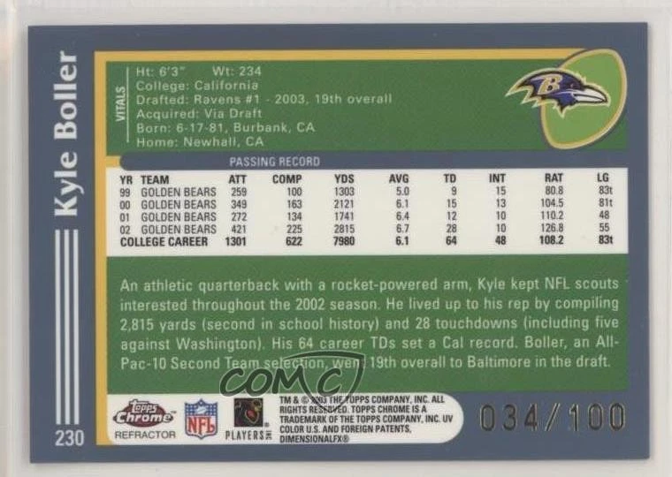 2003 Topps Chrome Rookie Black Refractor /100 Kyle Boller #230 Rookie RC - Image 2 of 2