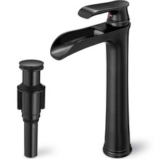 Waterfall Bathroom Sink Faucet, Brass Tall Black Bathroom Faucet Single Handl...