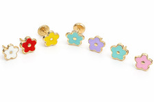14k Yellow Gold Enamel Flower Baby earrings with Screw Back