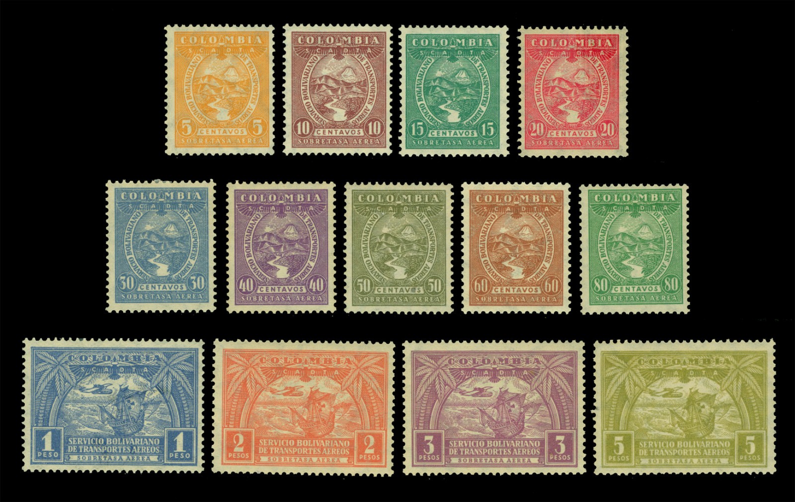 COLOMBIA 1929 AIRMAIL Columbus ship, River & Volcano set Scott C55-C67 mint MH