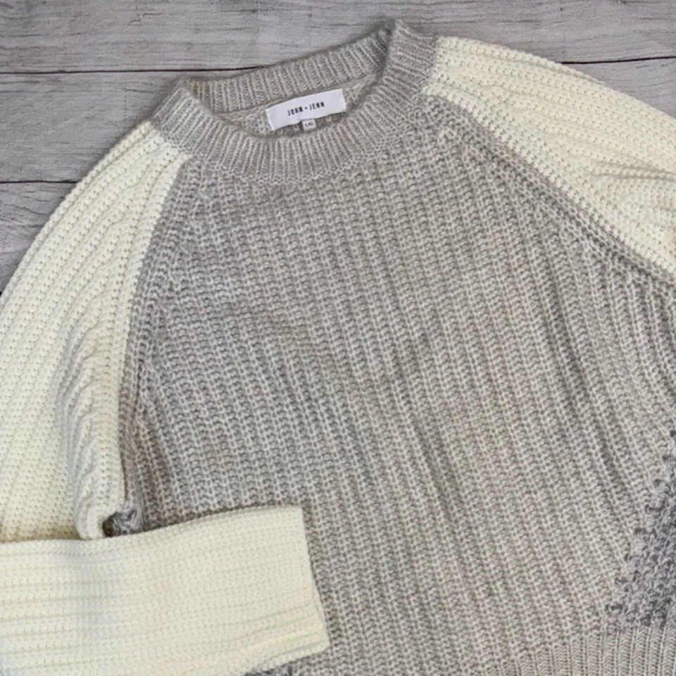 John + Jenn Women's Chunky Knit Crewneck Sweater Gray and Cream Colorblock Large - Image 3 of 4