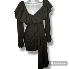 NWT ASOS LUXE Size 0 Black Ruffled Off the Shoulder Ruched Bodycon Mini Dress