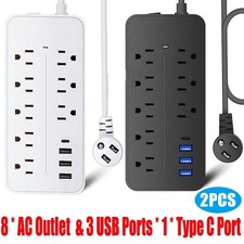 2 Pack Surge Protector Power Strip 8 Outlets 4 USB Ports 4FT Cord White Black