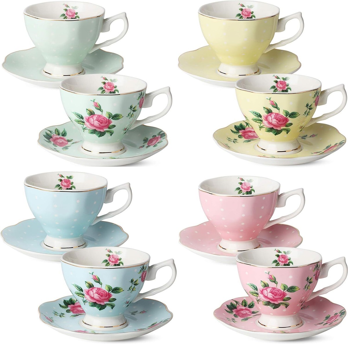 BTaT- Floral Tea Cups and Saucers, Set of 8 (8 oz) Multi