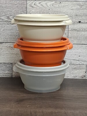 Tupperware Servalier Bowl #1323-12, 25 & 24 LIDS #812-41, 46 & 58 Orange Beige 