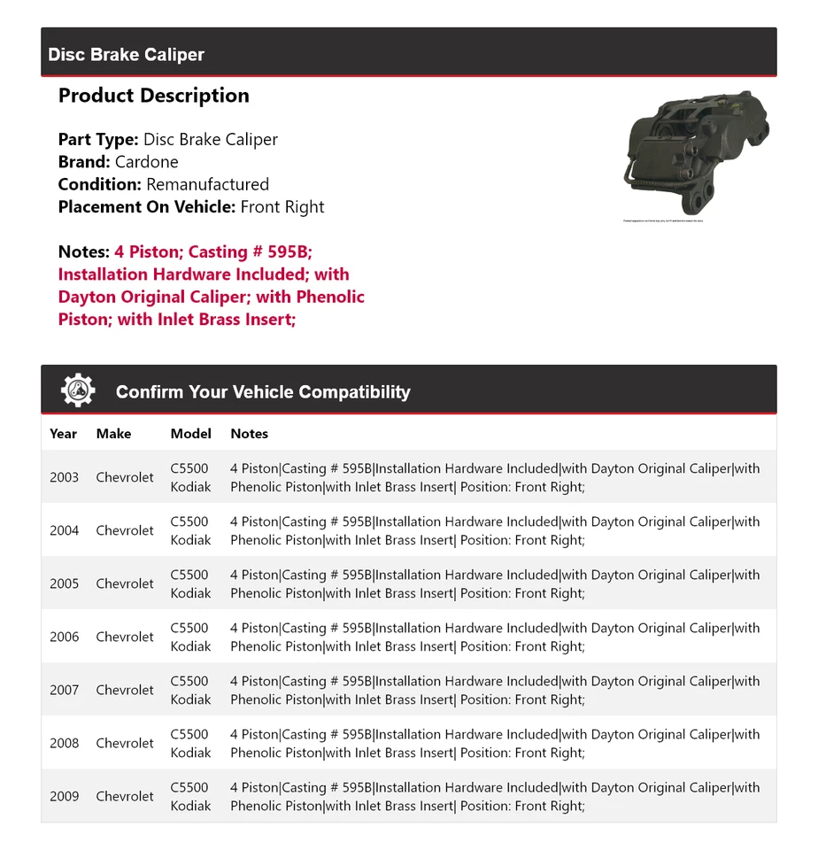 For 2003-2009 Chevrolet C5500 Kodiak Disc Brake Caliper Front Right Cardone 2004 - Image 2 of 4