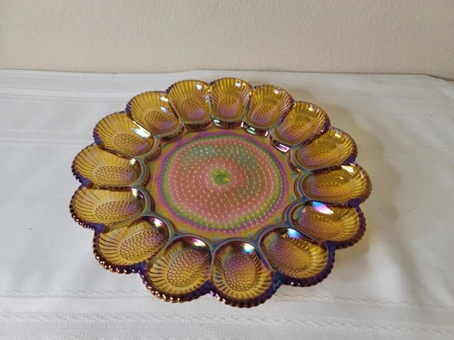 Deviled Egg Plate Indiana  Carnival Glass Vintage Iridescent Amber Hobnail 11"