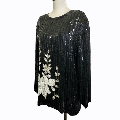 Vintage 80s Black White Silk Beaded Sequin Top Womens Large Party New Years Glam