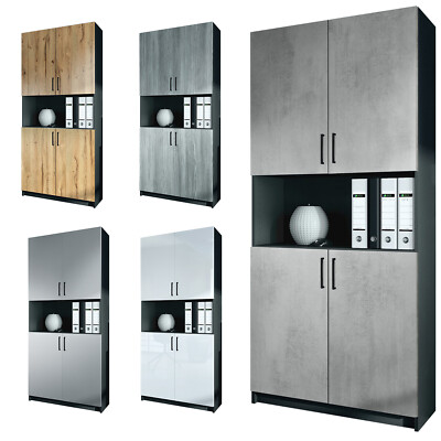 Büroschrank Aktenschrank Hochschrank Athen V2 Schwarz - Hochglanz & Naturtöne