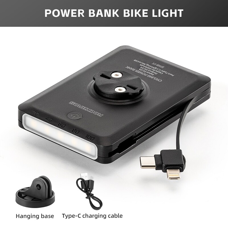 ROCKBROS Power Bank Bike Light 5000mAh w/Cable Mobile Charger Outdoor Portable