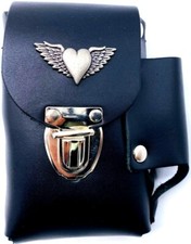 Cigarette Case Black Leather Lighter Holder Holster Heart & Wings Made in USA