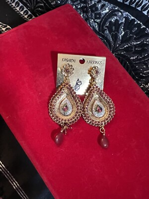 Red Gold Dangle Drop Rhinestone Chandelier Long Crystal Pageant  Earrings