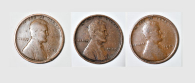 1909 P Lincoln Wheat Pennies, nice pair of three small cents (8+ item ship free)