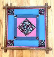 Handmade Wood Framed Amish Quilt Square Wall Blue Rose Farmhouse Cottagecore