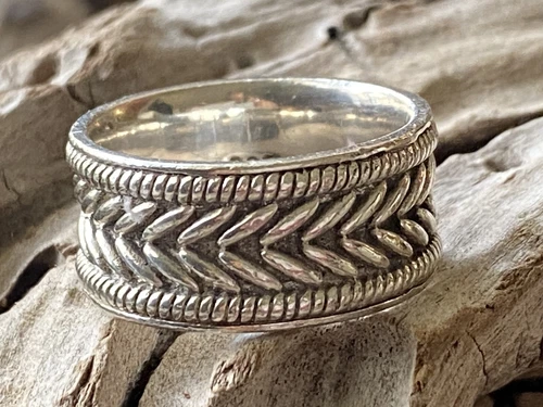 Vintage Designer JB 10mm Sterling Silver Detailed Wheat Link Band