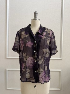 Women s Multicolor Floral V-Neck Short Sleeve Button Front Blouse, S/M