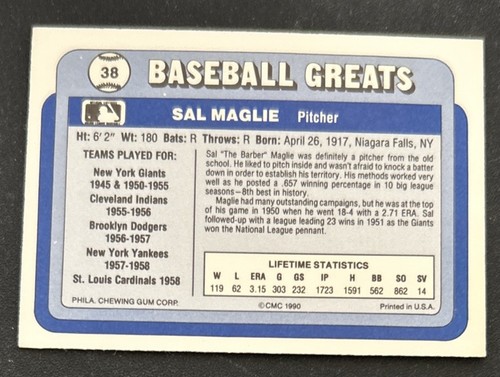 1990 Swell Baseball Greats Sal Maglie Card #38 Giants Indians Dodgers Yankees VG - Picture 2 of 2