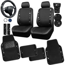 CAR PASS Diamond Bling Leather Seat Covers Set Car Floor Mats Glitter Rhinest...
