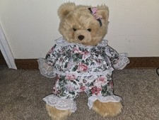 Vintage Playful Pals Teddy Bear Plush Chunky Large Bow Floral Belly 1988