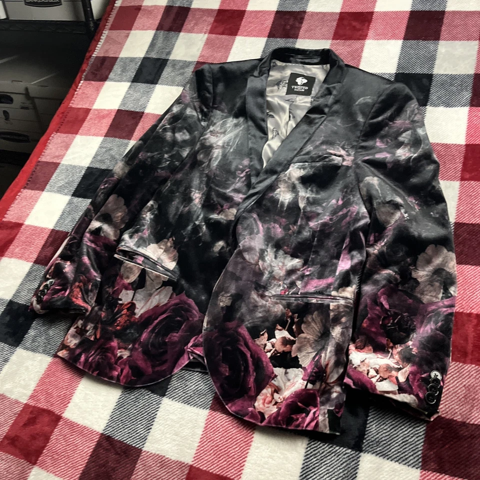 Twisted Tailor Suit Blazer Jacket Men 40R BLK Floral Skull Poly Velvet Kashmir - Image 3 of 4