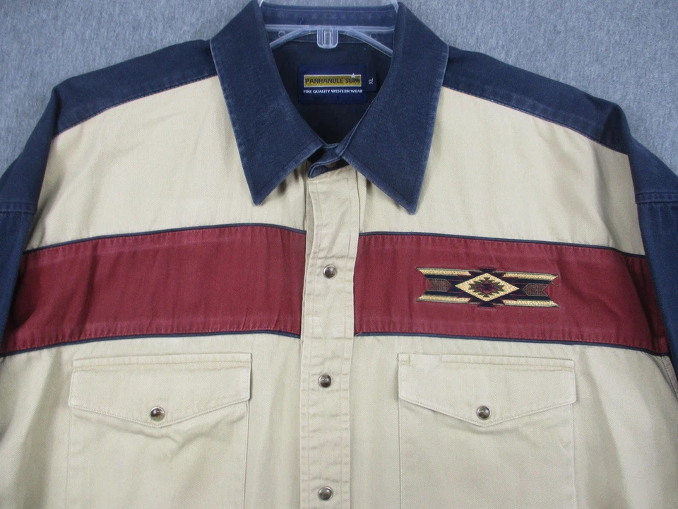 Panhandle Slim Western Shirt Mens XL Tan Navy Pearl Snap Aztec Embroidery - Image 2 of 4