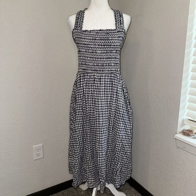 MNG Mango Cotton Dress Women s 10 Black White Vichy Check Cross Back Gathered