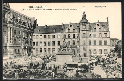 AK Düsseldorf, Old and New Town Halls with Monument to Elector Johann...