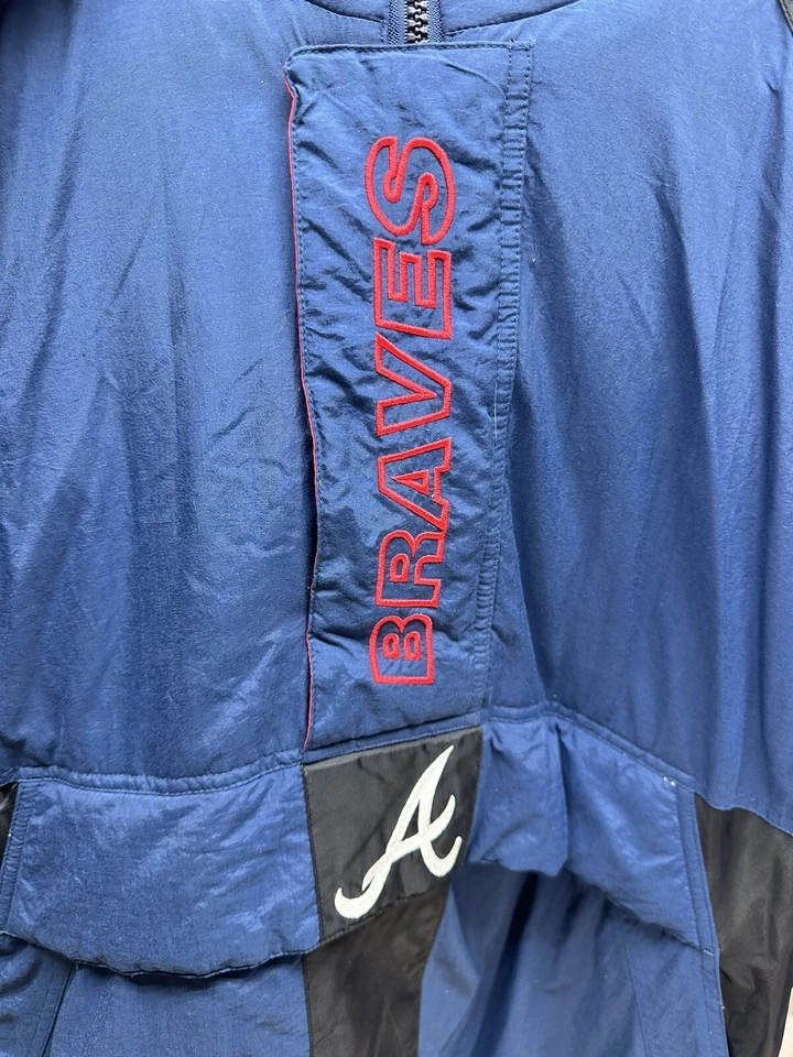 Vtg Atlanta Braves 90s STARTER Men’s XL Puffer Hooded Baseball Zip Jacket Genu - Image 4 of 4