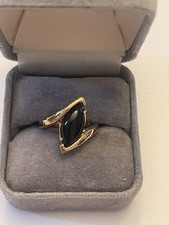 14K GOLD PLATED LADIES WOMENS BLACK MARQUISE ONYX RING SIZE 7