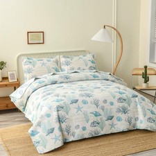 Ocean Quilt Set Full/Queen Size Coastal Beach Theme Bedding Lightweight Rever...