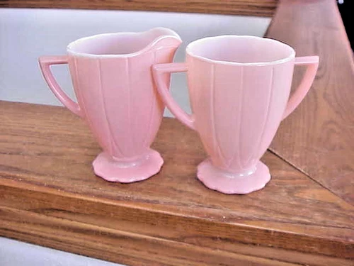 Vtg Hazel Atlas Depression Glass Newport Hairpin Pink Cream & Sugar Set