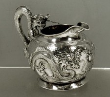 Chinese Export Silver Dragon Pitcher c1890 SIGNED