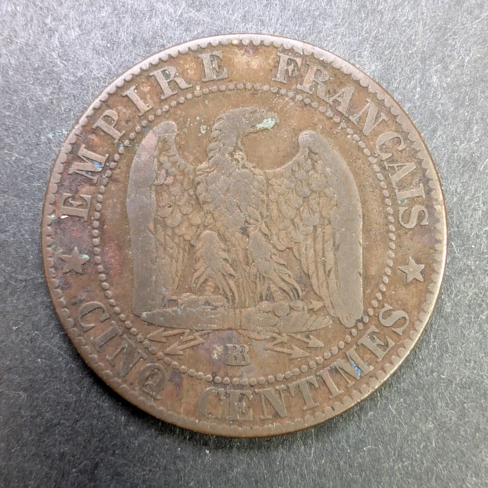 Francia 1864 5 Céntimos Napoleón III Error de Laminación Foto 4 de 4