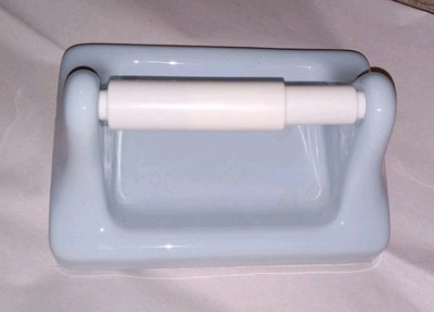 Vintage Ceramic POWDER BLUE Toliet Paper Holder w Plastic Roller 
