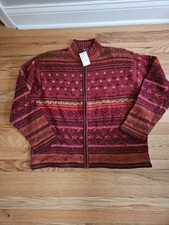 VTG TIARA INTERNATIONAL Cotton Fair Isle Full Zip Sweater Women's L Brown Red