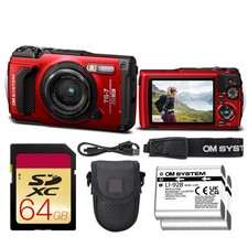 OM SYSTEM Tough TG-7 Red Waterproof 4K Camera 64GB Case Battery Bundle