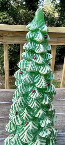Albero di Natale Vintage Verde con Neve e Piccoli Ornamenti Rossi Cera Candela Decorazione 15,5”H - Foto 4 di 6